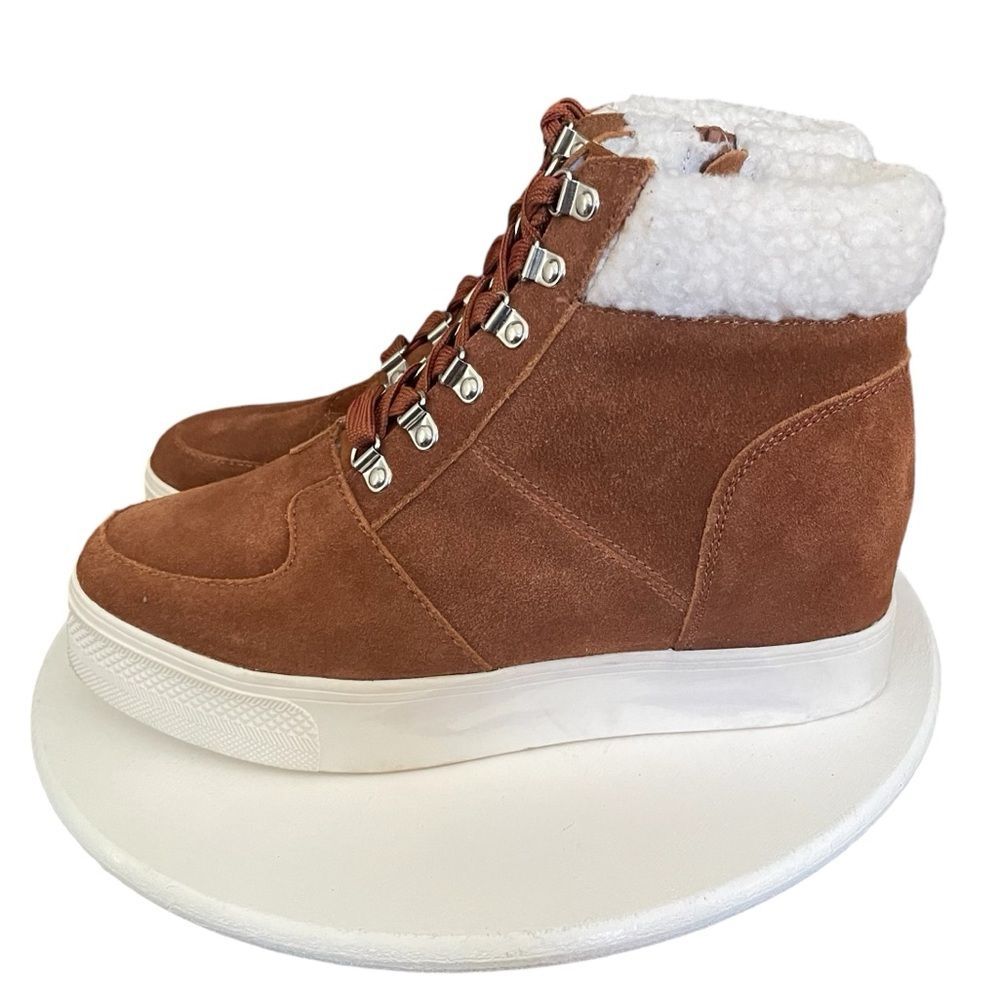 Steve Madden Lakes Wedge Sneaker Faux Fur Sherpa Trim Cognac Suede 8.5M Women's